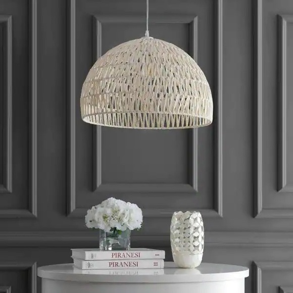 JONATHAN Y Campana 20 in. Woven Rattan Dome LED Pendant, Cream, NWT. - Picture 5 of 8